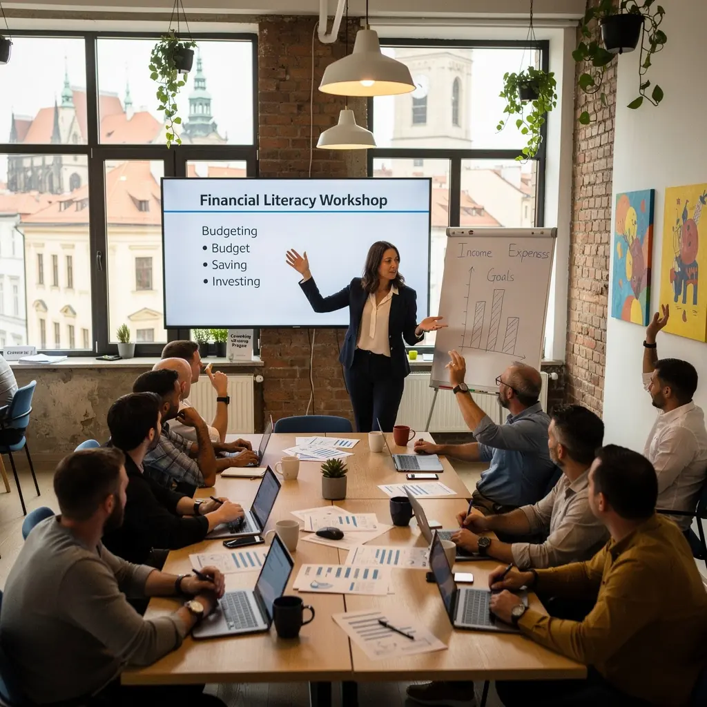 Rodina diskuzující o rozpočtu u stolu s papíry.